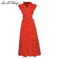 seasixiang fashion designer summer chiffon dress women v neck butterfly sleeve ruffles big pendulum pleated dresses