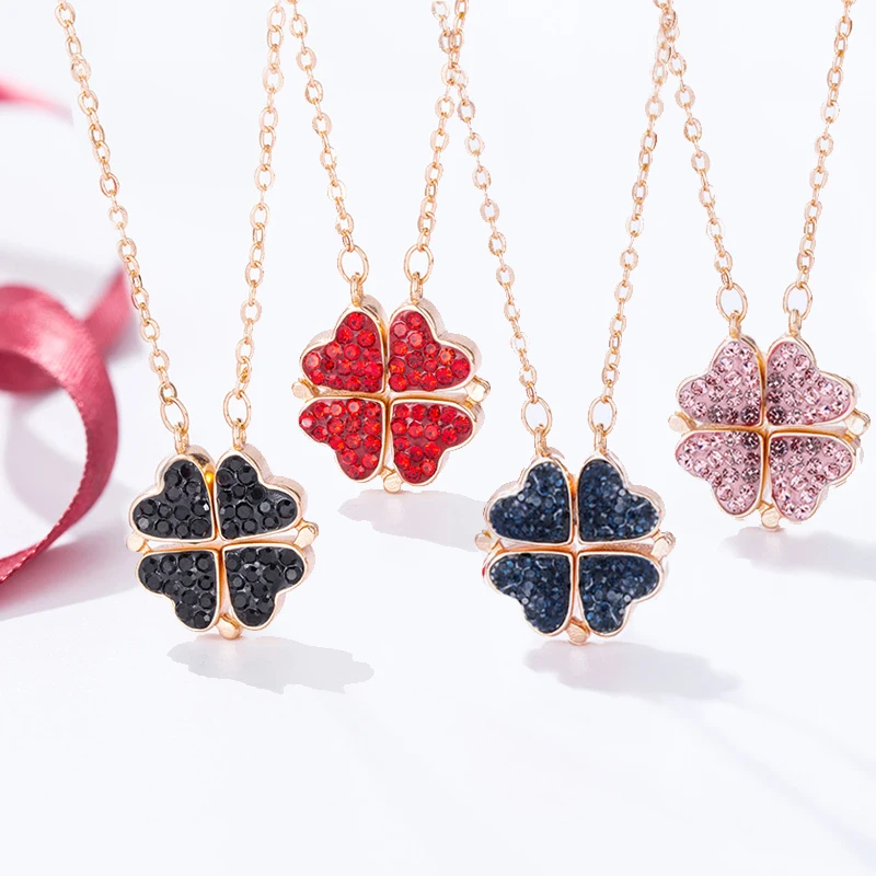 

Fashion Double sided Four Heart Clover Necklace Pendant Pink Red Blue Lucky Grass Clavicle Chain Women Girl Choker