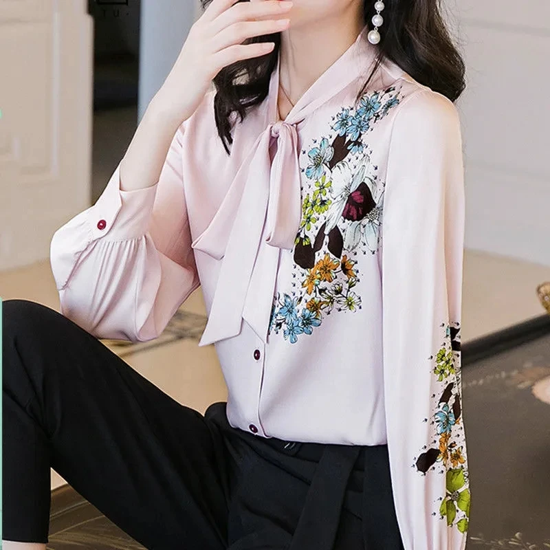 

Женская рубашка с цветочным принтом, розовая Повседневная офисная блузка с длинным рукавом и бантом, в Корейском стиле, для работы