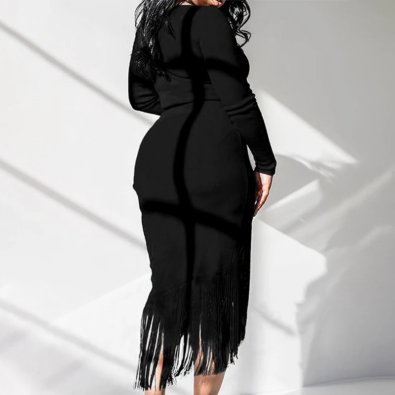 

Asymmetrical Tassel Hip Package Dresses Women O-neck Long Sleeve Sexy Dress Ladies 2020 Autumn Fashion Party Female Vestido