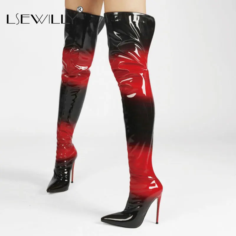 

Lsewilly 2021 Women Over the Knee Boots Patent Leather Mixed Color Ladies Thigh Boot Sexy Thin High Heel Pointed Toe Women Boots