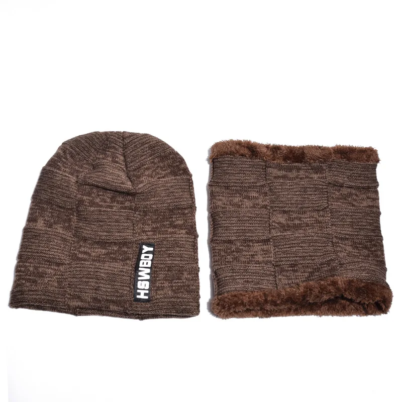 Коричневый 2 шт мужская шапка и шарф набор флисовая подкладка зимнее кольцо для шляпы Шарф шейный Капюшон Черный Коричневый Серый Красный - Цвет: Коричневый