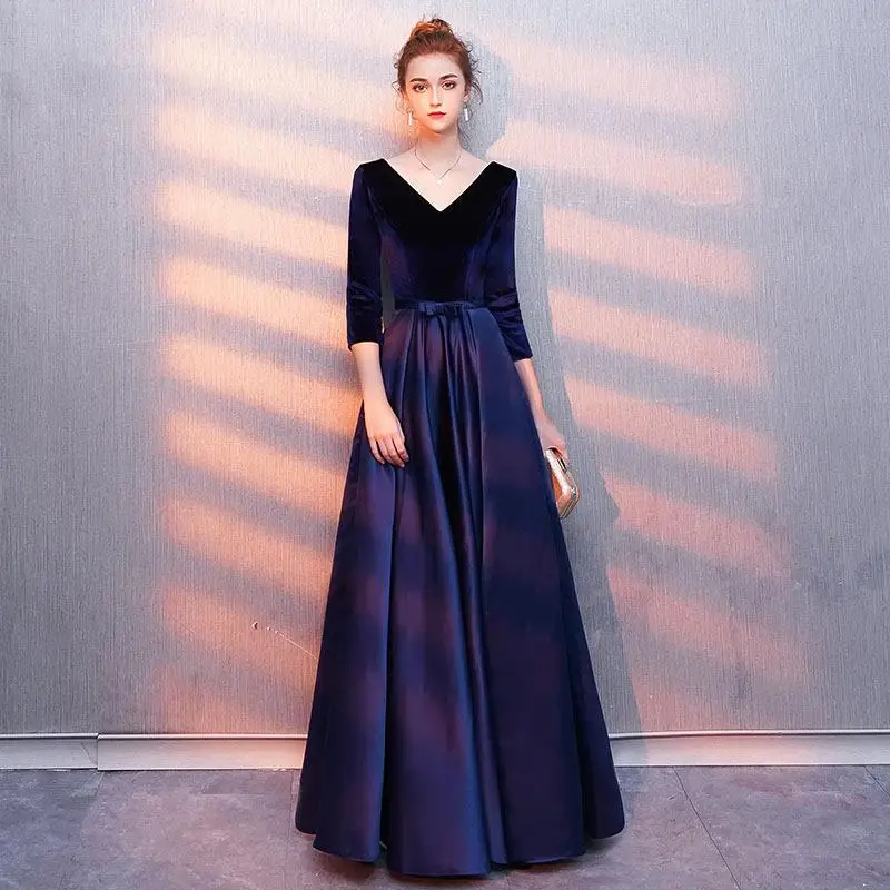 

Elegant Blue Long Evening Dress Robe De Soiree V-neck Velour Banquet Prom Dresses Long Sleeve Formal Evening Gowns