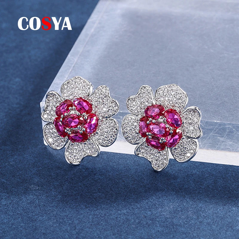 

COSYA Hot Sales 14.5*14mm Ruby High Carbon Diamond Flower Stud Earrings For Women Sparkling Wedding Fine Jewelry Wholesale Gift