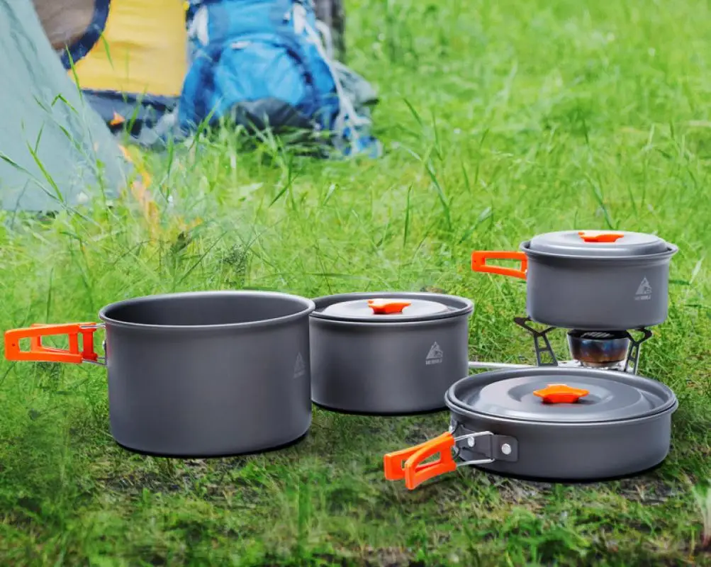 Beli Kualitas Berkemah Di Luar Ruangan Peralatan Masak Set Portable Peralatan 4-5 Orang Mangkuk Pot Sendok Tableware Alat Memasak Perjalanan Piknik Set