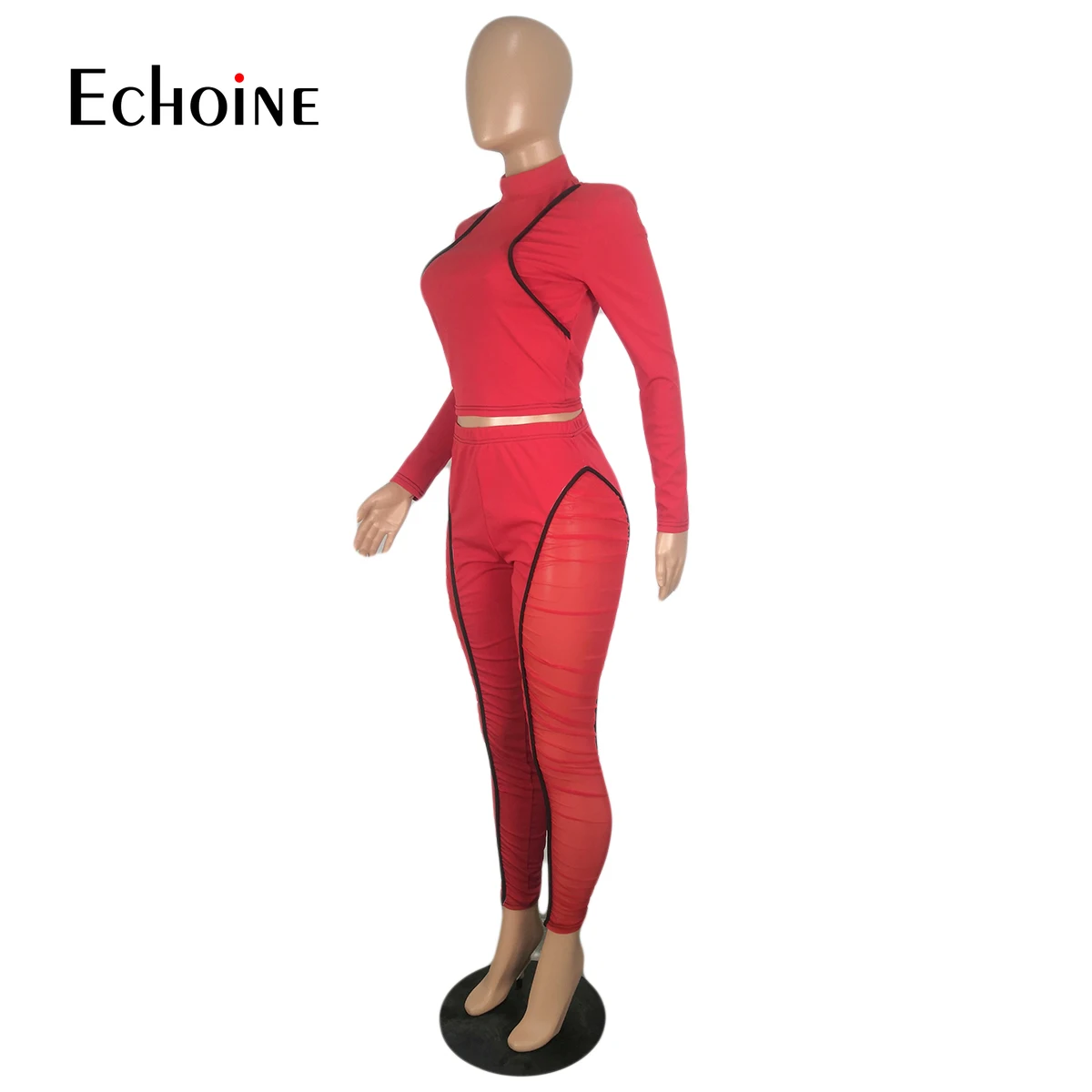 

Echoine spring Women Mesh Patchwork Activewear Two 2 Piece Set Turtleneck Crop Tops Pants Sporty Fitness Matching Set Outfits