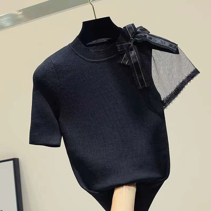 

Bow Tshirt Women Mesh Black Short Sleeve T Shirt Woman Clothes Knitted Slim 2020 Summer Tops Casual Tee Shirt Femme