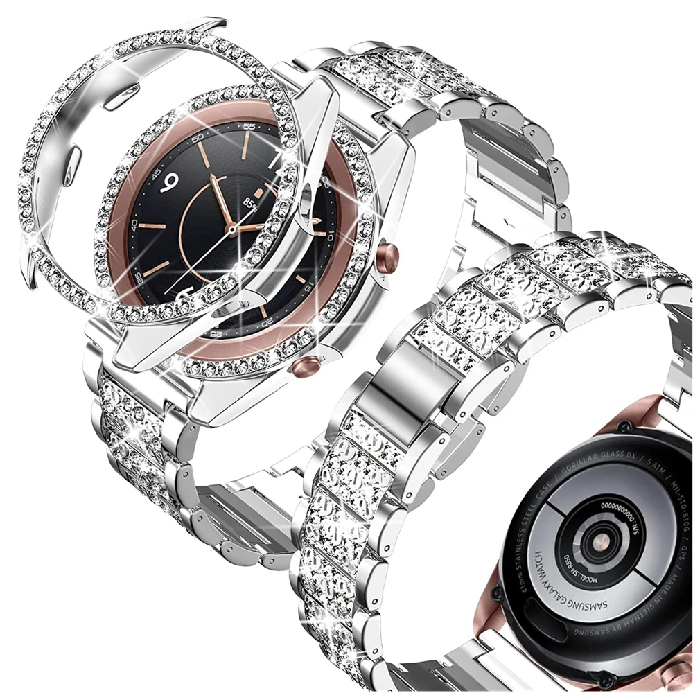 

For samsung galaxy watch 3 41mm 45mm band with case Bling Women Dressy Bracelet for galaxy watch 3 strap + Shiny cases cover