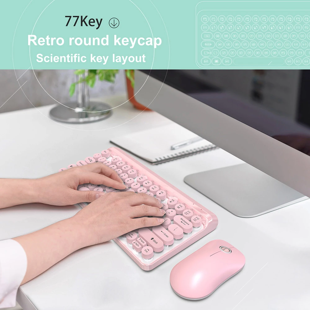 

Wireless Gaming Computer Keyboard Mouse Combo 77 Keys Small Ergonomic PC Gamer Keybord USB Mause Kit Set Round Keycaps Pink Girl