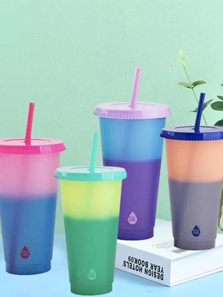 

1pcs Food Grade PP Straws Cup With Lid Reusable Non-toxic Durable Creativity Color Changing Cold Cups Plastic Coffee Drink Cup