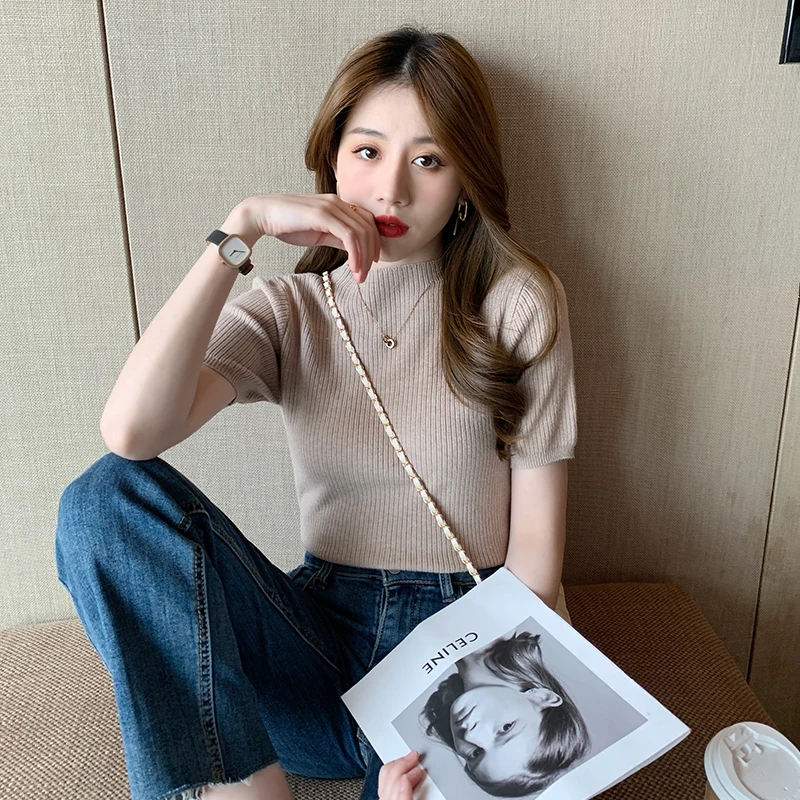 

Sweet Summer Spring Women Fashion Short Sleeve Tops Knitted Solid O-neck Slim Blouse Casual Office Lady Sweater T-shirts 15887