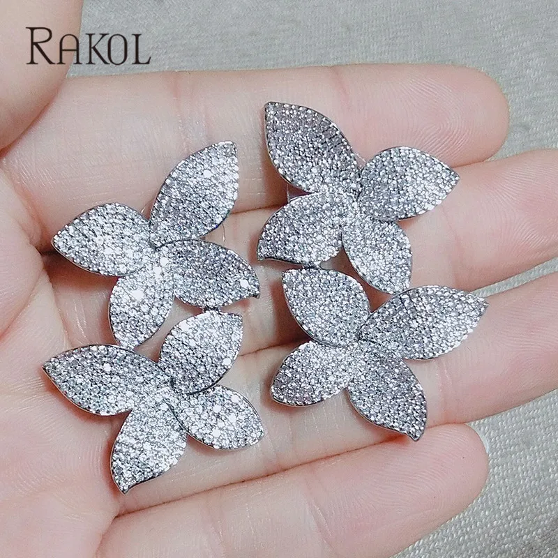RAKOL Новая мода Роскошный кубический цирконий кристалл микро инкрустация лист серьги для элегантных женщин свадебный ужин платье ювелирные изделия