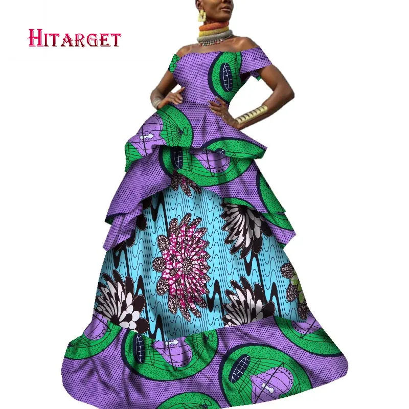 2020 Women African Dress Africa Wax Print Bazin Riche Sexy Off Shoulder Short Sleeves Wedding Party Floor-length Dress WY6153