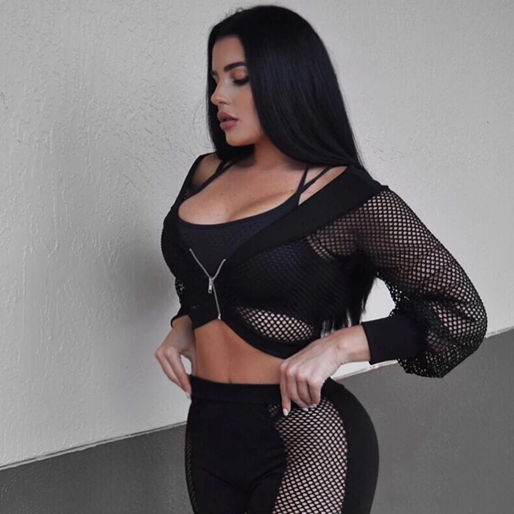 

Gothic Sexy Short Black Mesh See-Through Women Blouse Slash Neck Summer Hollow Off Shoulder Long Sleeve Streetwear Goth Blouse