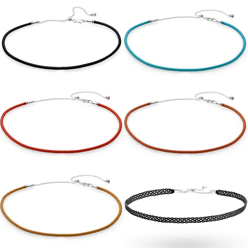 

925 Sterling Silver Woven Fabric Black Leather Choker Adjust Sliding Clasp Necklace For Popular Bracelet Bead Charm DIY Jewelry