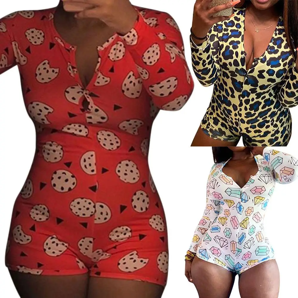 

Sexy Women button short Bodysuit Long Sleeve Deep V Bodycon Stretch Short Romper Peach Chili Printed Pajamas Women Overalls
