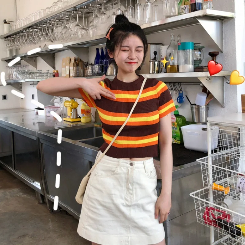 

EBAIHUI Women Slim Striped Tops Harajuku Vintage Sweet Girl Summer Casual O-neck T-shirt Short Sleeve Korean Sexy Cropped Tops