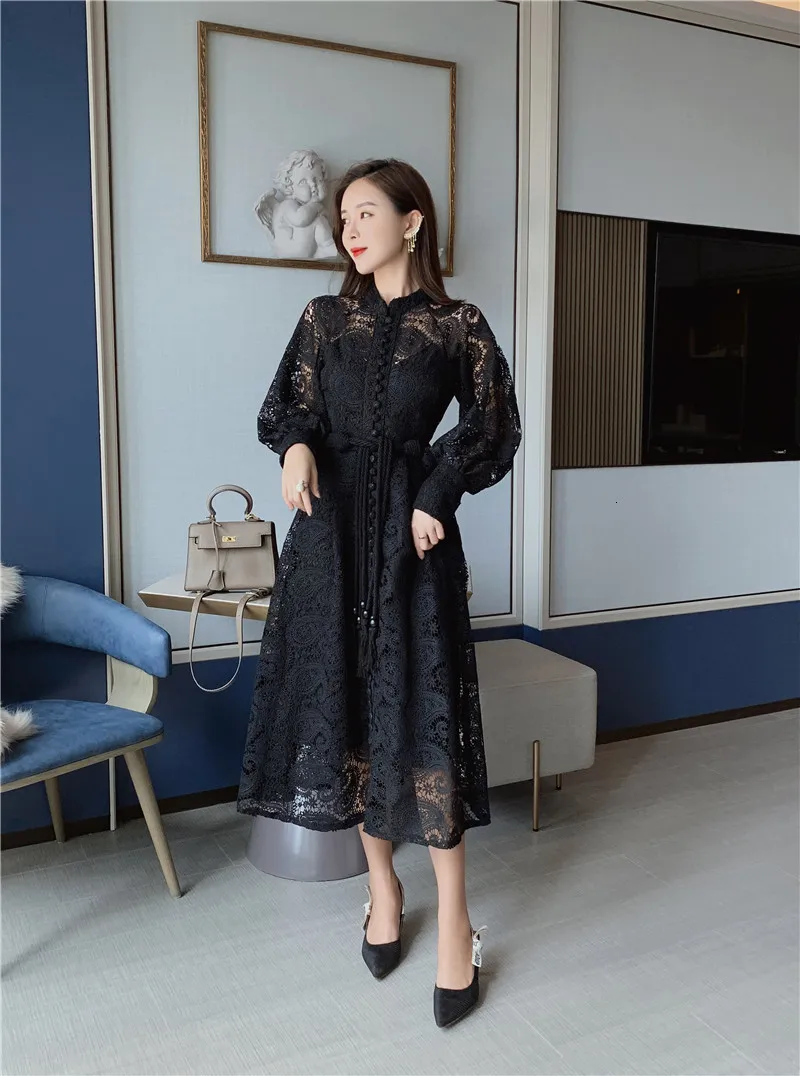 Comelsexy Модное Новое Осеннее корейское женское платье со стоячим воротником и рукавами-фонариками, с высокой талией, облегающее Бандажное платье миди для женщин