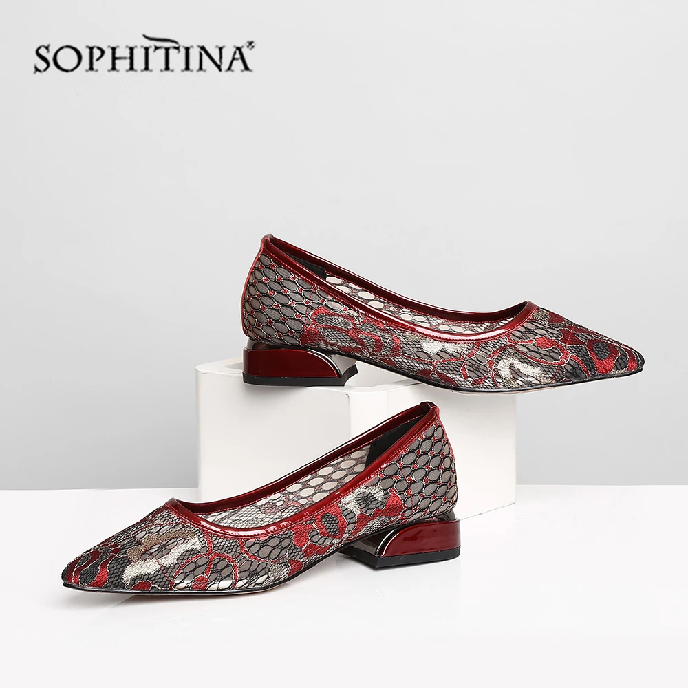 

Женские туфли на низком каблуке SOPHITINA, сетчатые туфли из воловьей кожи, заостренный носок, квадратный каблук, вышивка, с вырезами, повседневн...