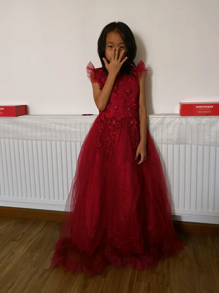 

Teen Formal Girl Party Wear Floral Lace Long Ball Gown Girl Dress Mint Green Blue Red Pink Yellow Princess Dress Kids