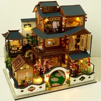 diy wooden dollhouse chinese style large scale handmade doll house accessories with light kits toys for children birthday gifts