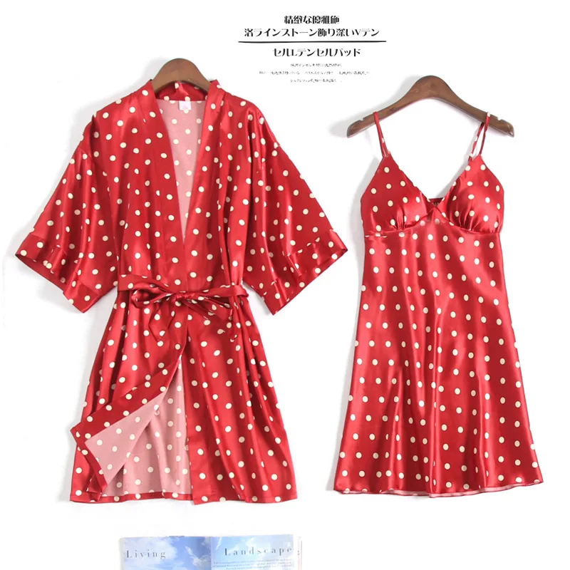 

Polka Dot Print Kimono Robe Gown Suit Young Lady Sexy V-Neck Mini Nightdress With Belt Bathrobe Sweet Summer Rayon Nightwear