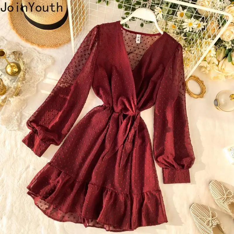 Joinyouth корейские элегантные шифоновые платья с v образным вырезом женские тонкие в