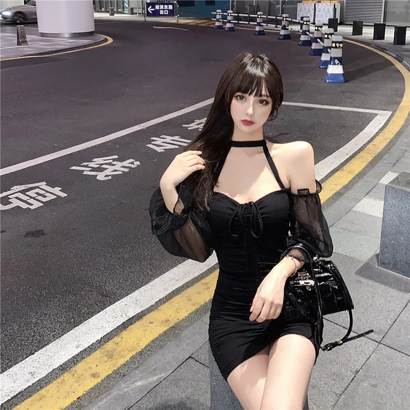 

Sexy Women White Halter Neck Off Shoulder Long Sleeve Dress Bandage Mesh Sleeve Solid Color Dresses Kleid Robe