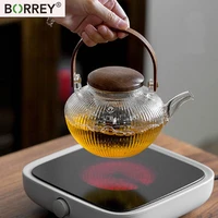 borrey thick stripes teapot heat resistant glass wood handle can be heated electric pottery stove to make open fame teapot750ml