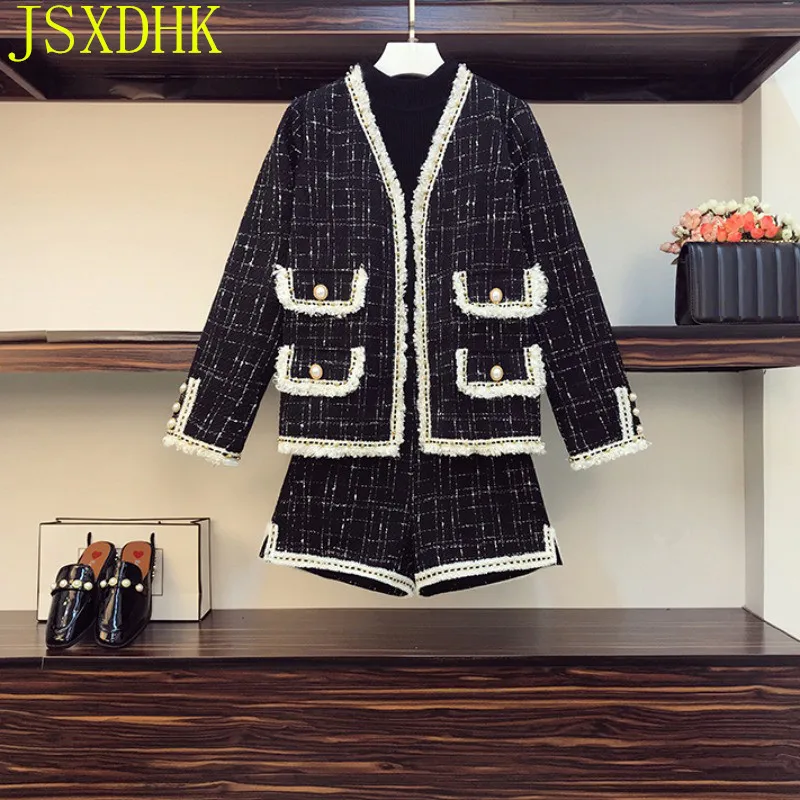 Женский клетчатый шерстяной костюм комплект из двух предметов твидовый блейзер