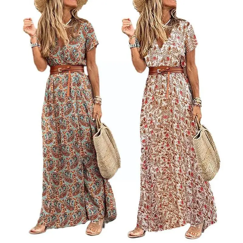 

Women Boho Long Dress Retro Long Sleeve V Neck Beach Robe Ladies Elegant Print Split Maxi Vintage Dress Dress Belted Flower W3Q4