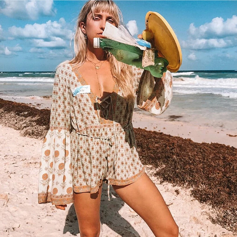 Женский комбинезон с v образным вырезом TEELYNN свободный пляжный цветочным принтом
