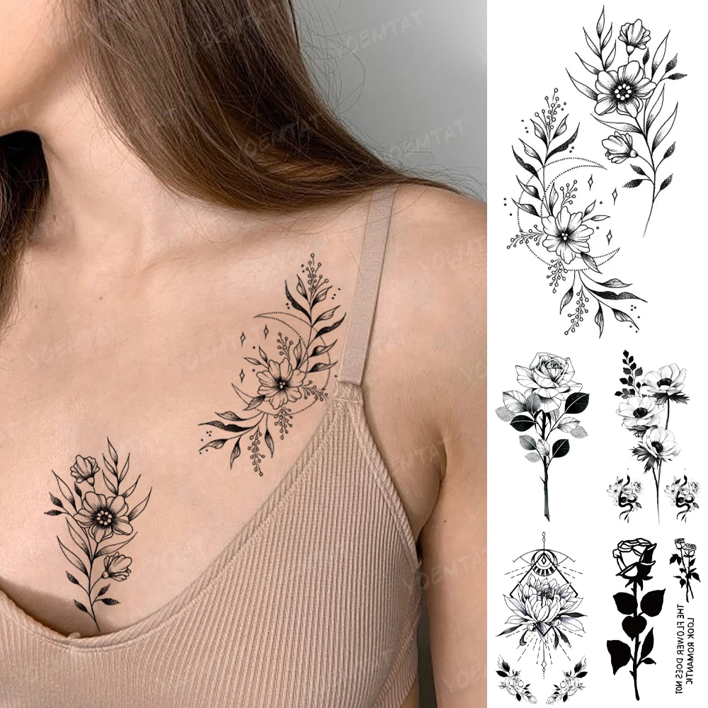 

Waterproof Temporary Tattoo Sticker Black Line Simple Flower Rose Sexy Woman Flash Tatoo Kid Wrist Ankle Body Art Fake Tatto Man