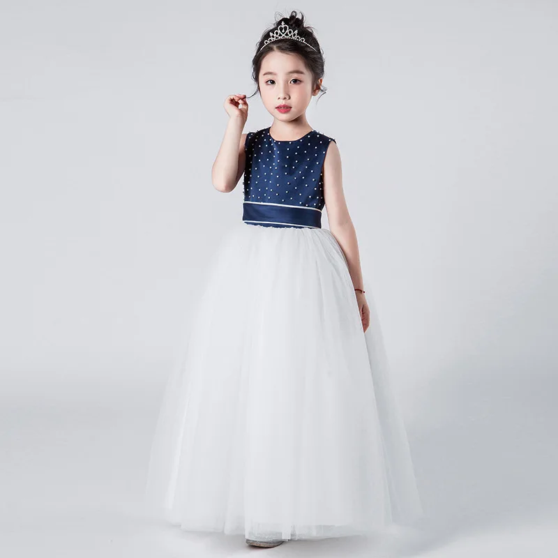 New Kids Girl Fashion Party Dress Navy Blue Beaded Sleeveless Ball Gown First Communion for Girls Prom 5-13Yrs | Детская одежда и