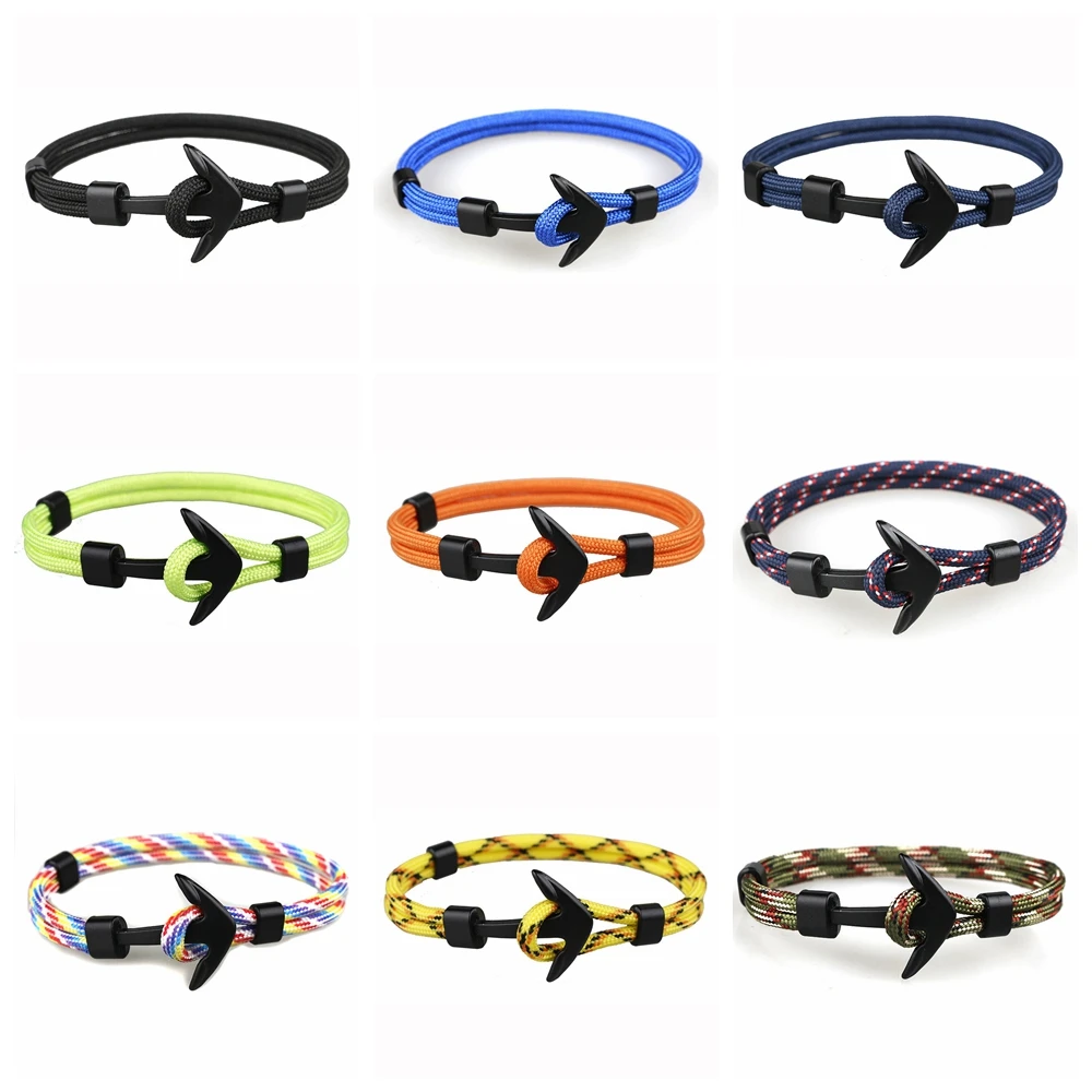 

12PCS Metal Black Anchor Polyester Rope Men Surfer Army Fashion Wristband Bracelet Man Gift For Bracelets Bangle Love Wholesale