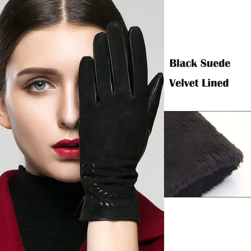 black suede velvet Перчатки из натуральной кожи женские зимние теплые бархатные утепленные высококачественные кожаные перчатки для вождения K2303 - Цвет: black suede velvet