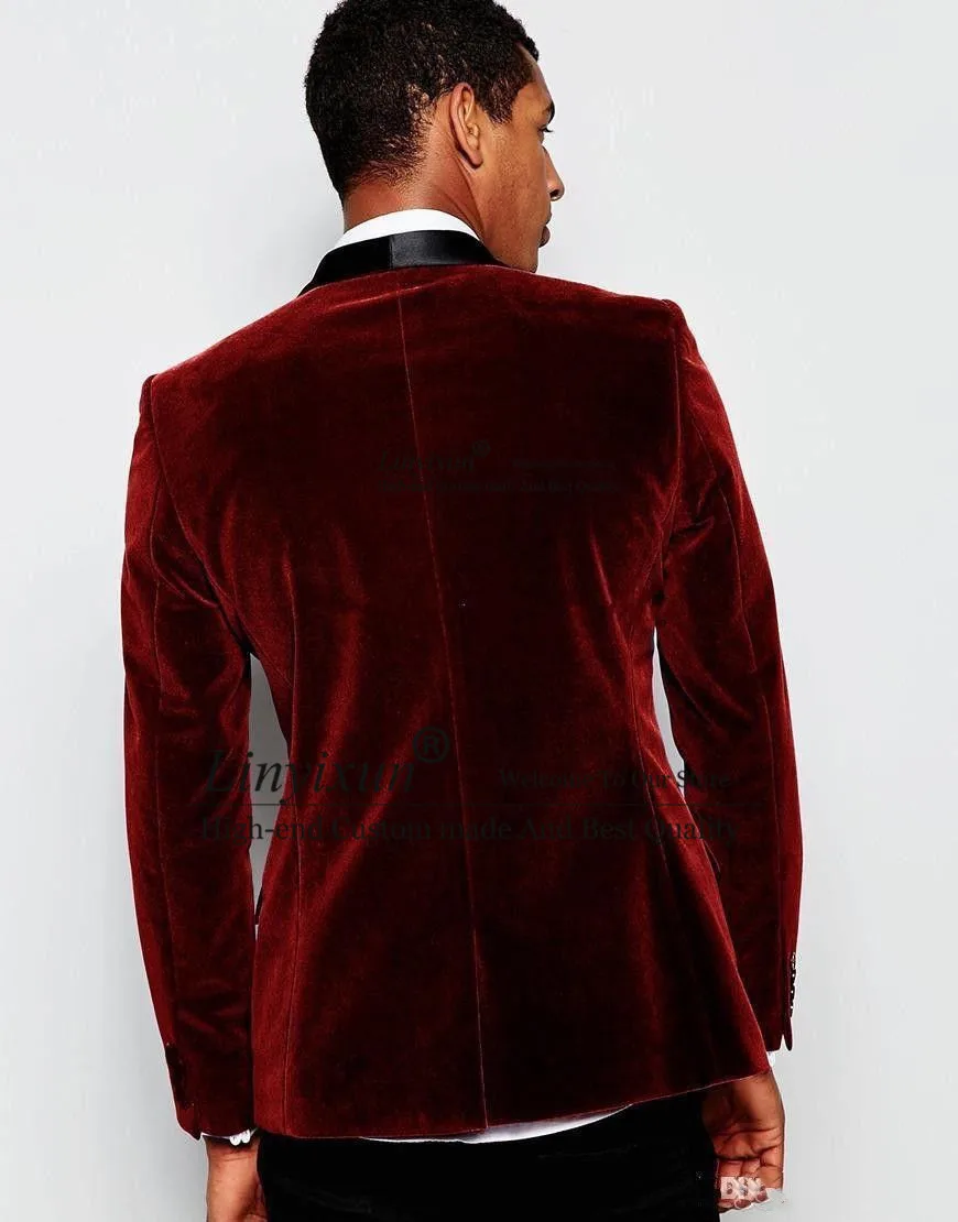 

Burgundy Men's Suit Jackets Velvet Wine Red Suit Groom Groomsman Wedding Tuxedos Blazer Coat One Piece Bestman Greatcoat