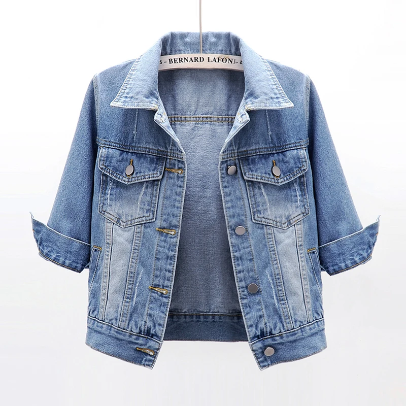 

Spring Summer Vintage Blue Denim Jacket Women Slim Short Outerwear Frayed Pocket Three Quarter Sleeve Jeans Jacket Coat Female
