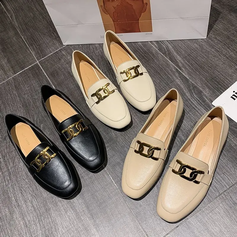 

2021 Brand Chain Loafers Women British Style Oxfords Metal Leather Shoes Woman Moccasins Shoes Women Classic Flat Footwears