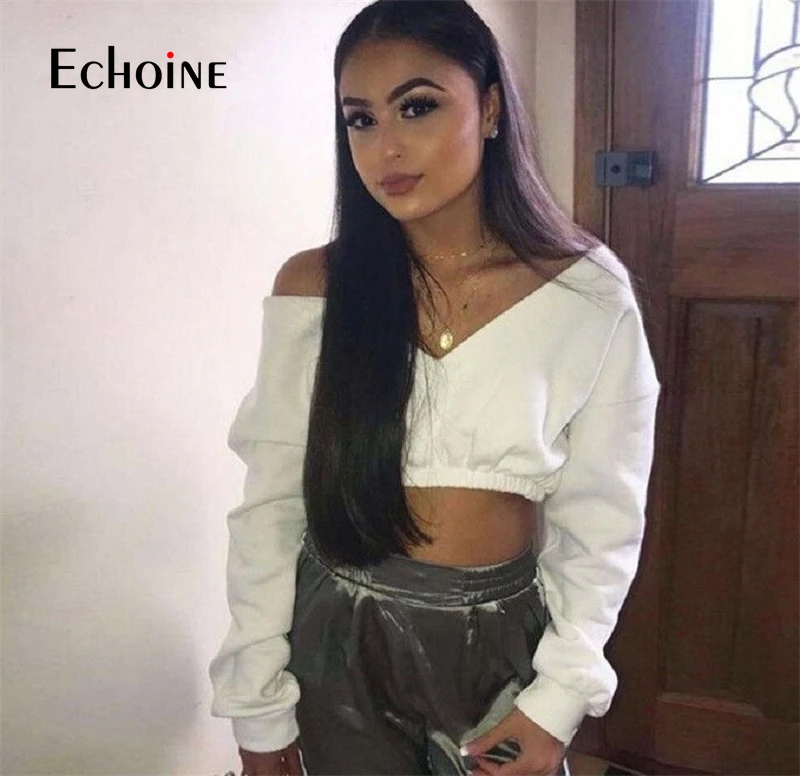 

Echoine Women Autumn Fashion Sexy Crop Hoodies Long Sleeve Casual Female Cotton Sweatshirts Deep-V Neck Off Shoulder Street Wear