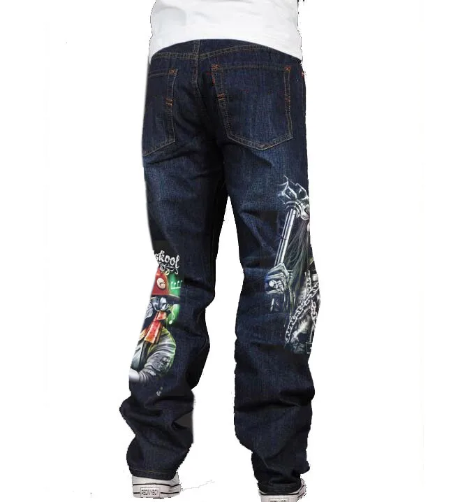 

Men's Long Pants Baggy Loose Fit Jeans Rap Hip Hop Skate Denim Trousers Straight Stretch Casual Trousers Skull T87