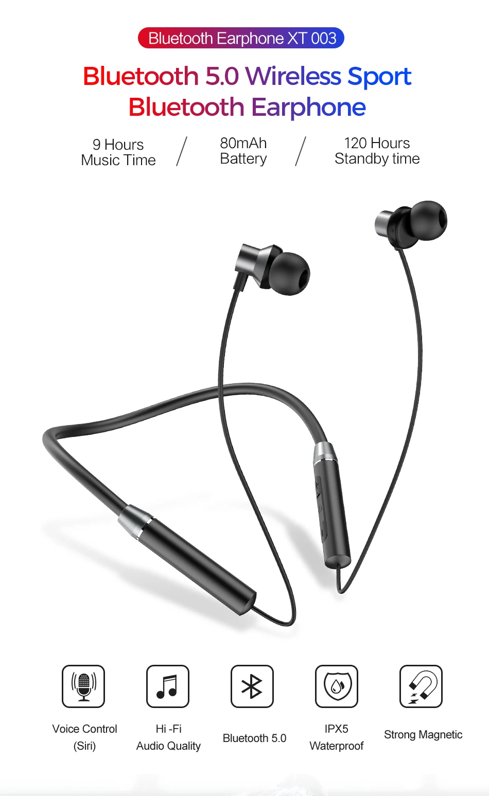 Беспроводные наушники Bluetooth 5,0, шумоподавление, Hi-Fi стерео магнитные наушники-вкладыши, спортивные водонепроницаемые наушники IPX5