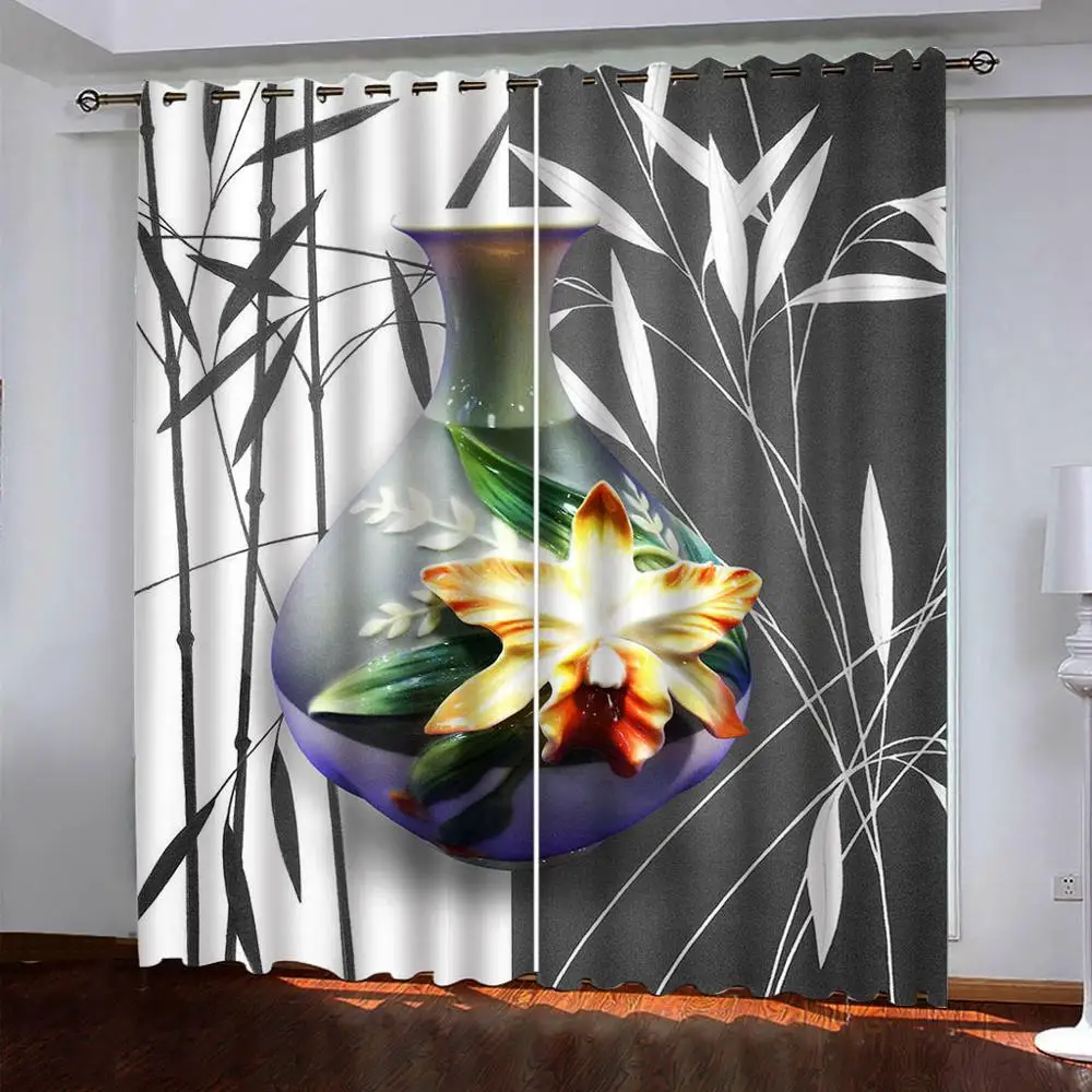 

custom 3D cortinas blackout Jade vase bamboo leaves living room bedroom restaurant 3D curtains blackout window curtain