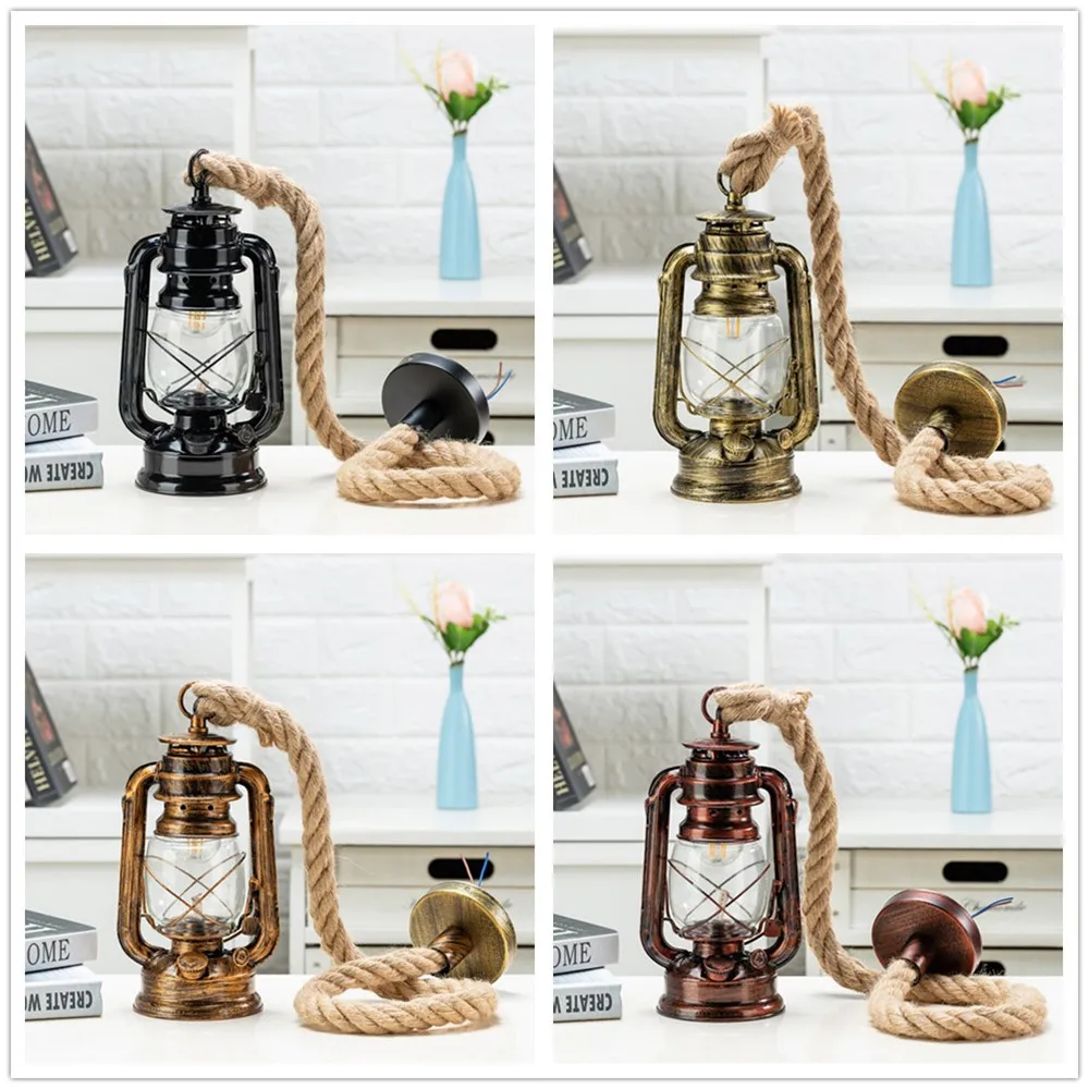 

Vintage Kerosene Pendant Lamp With Free Bulb E27 Hemp Rope Hanging Lamp for Home/Bedroom/Living room Industrial Pendant Lights