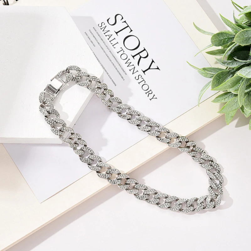 

Iced Out Paved Rhinestones 1Set 13MM Silver Color Full Miami Curb Cuban Chain CZ Bling Rapper Necklaces For Men Hip Hop Jewelry