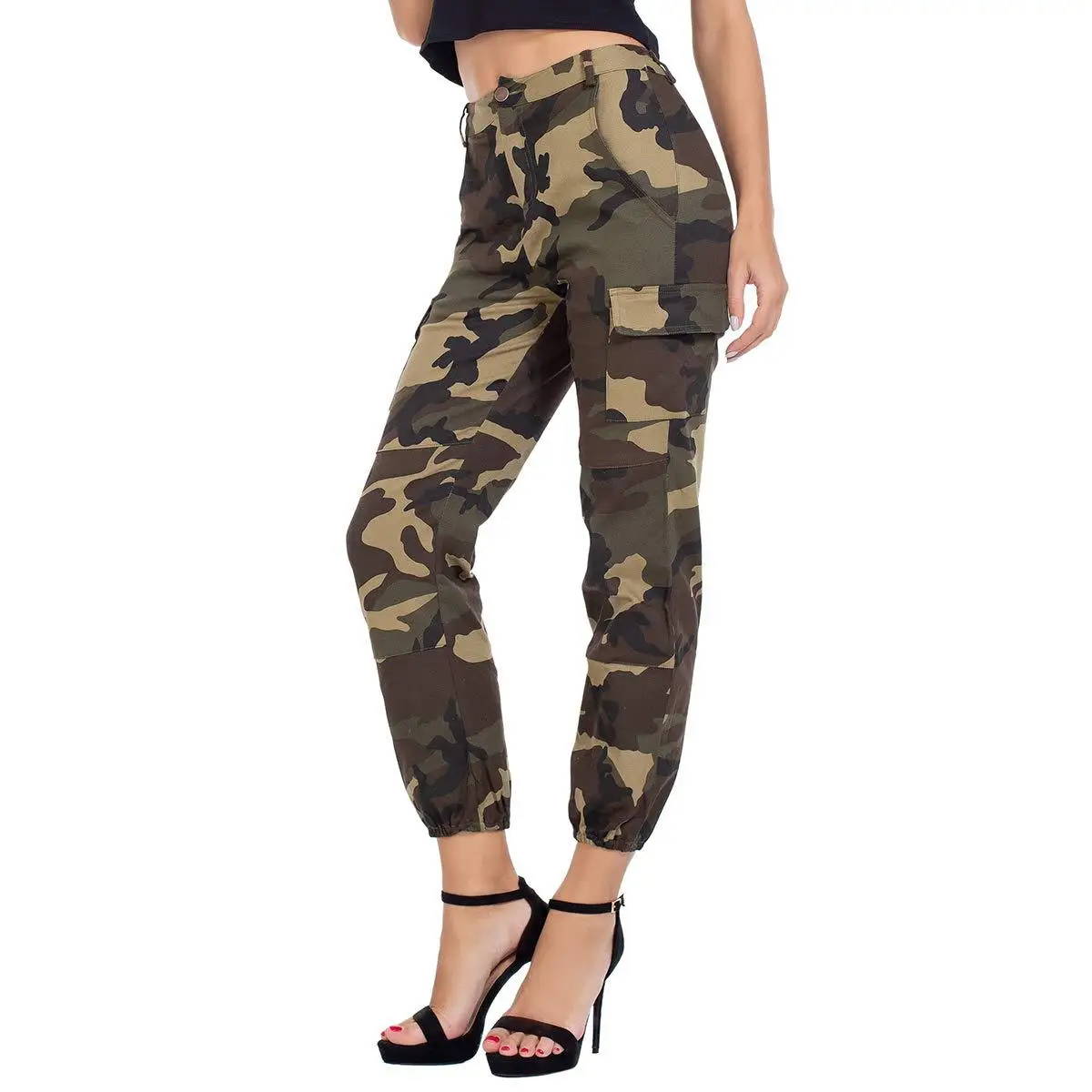 Брюки карго женские камуфляжные с завышенной талией в стиле хип хоп|Брюки| |