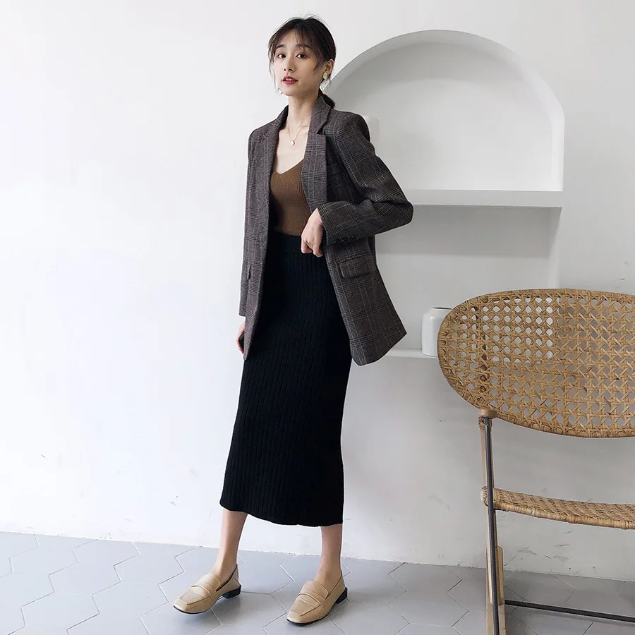 Женский пиджак осень 2019 новая Корейская версия модный однобортный в клетку