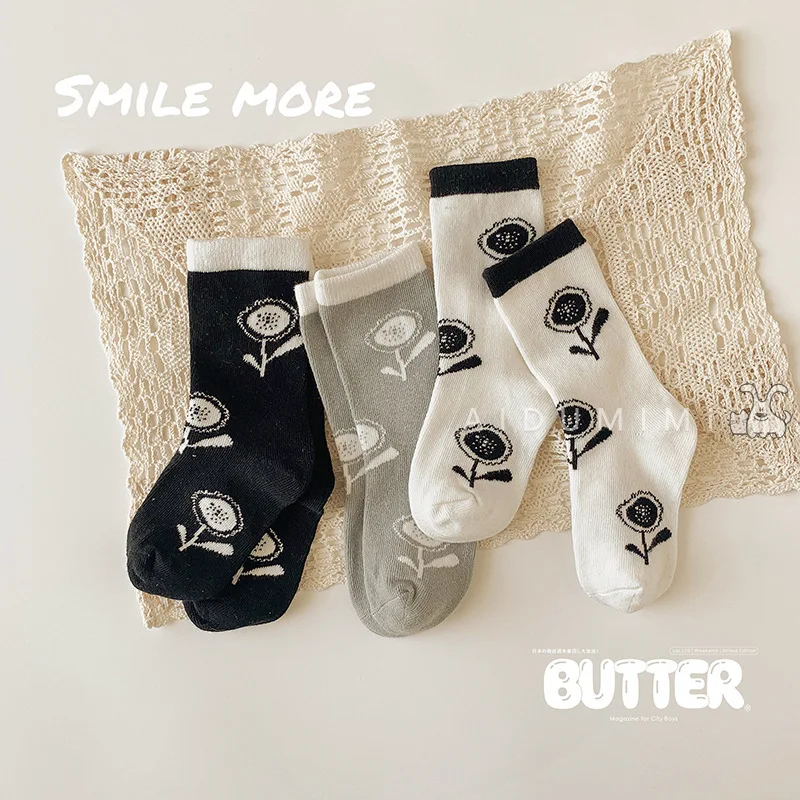 Calcetines con flores coreanas para ni&ntilde;os y ni&ntilde;as, medias de algod&oacute;n para estudiantes, primavera y oto&ntilde;o, 3 pares-1
