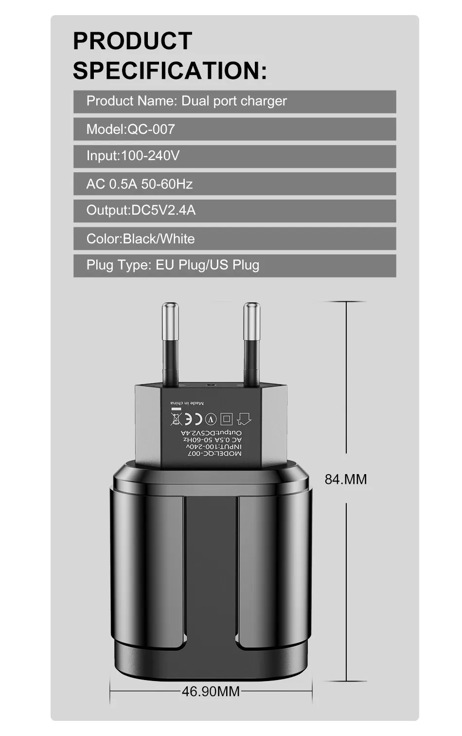 USLION Dual USB зарядное устройство 5 В 2.4A Быстрая зарядка стены мобильного телефона зарядное устройство для iPhone samsung Xiaomi Портативный ЕС США штекер Адаптер