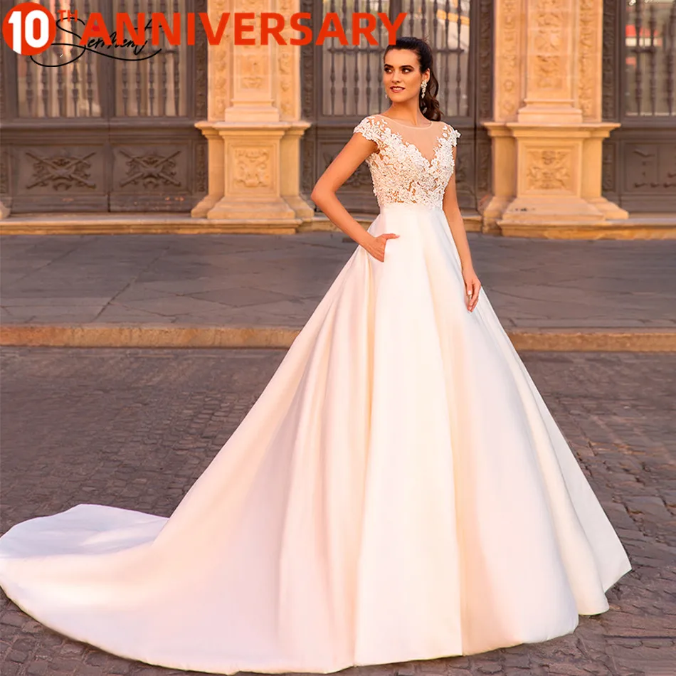 

BAZIIINGAAA без рукавов Круглый вырез простой сатин свадебное платье широкий плечевой ремень Мода невесты поддержка на заказ